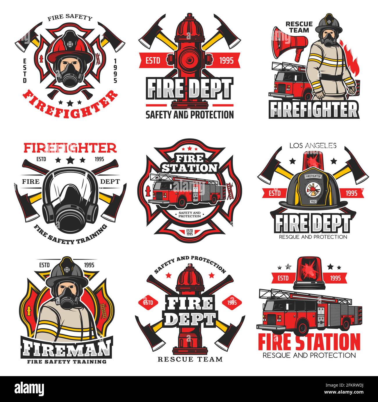 Firefighting icons, fire service retro emblems. Fire department station truck, fireman in helmet and gasmask, water hydrant, axes. Firefighters maltes Stock Vector