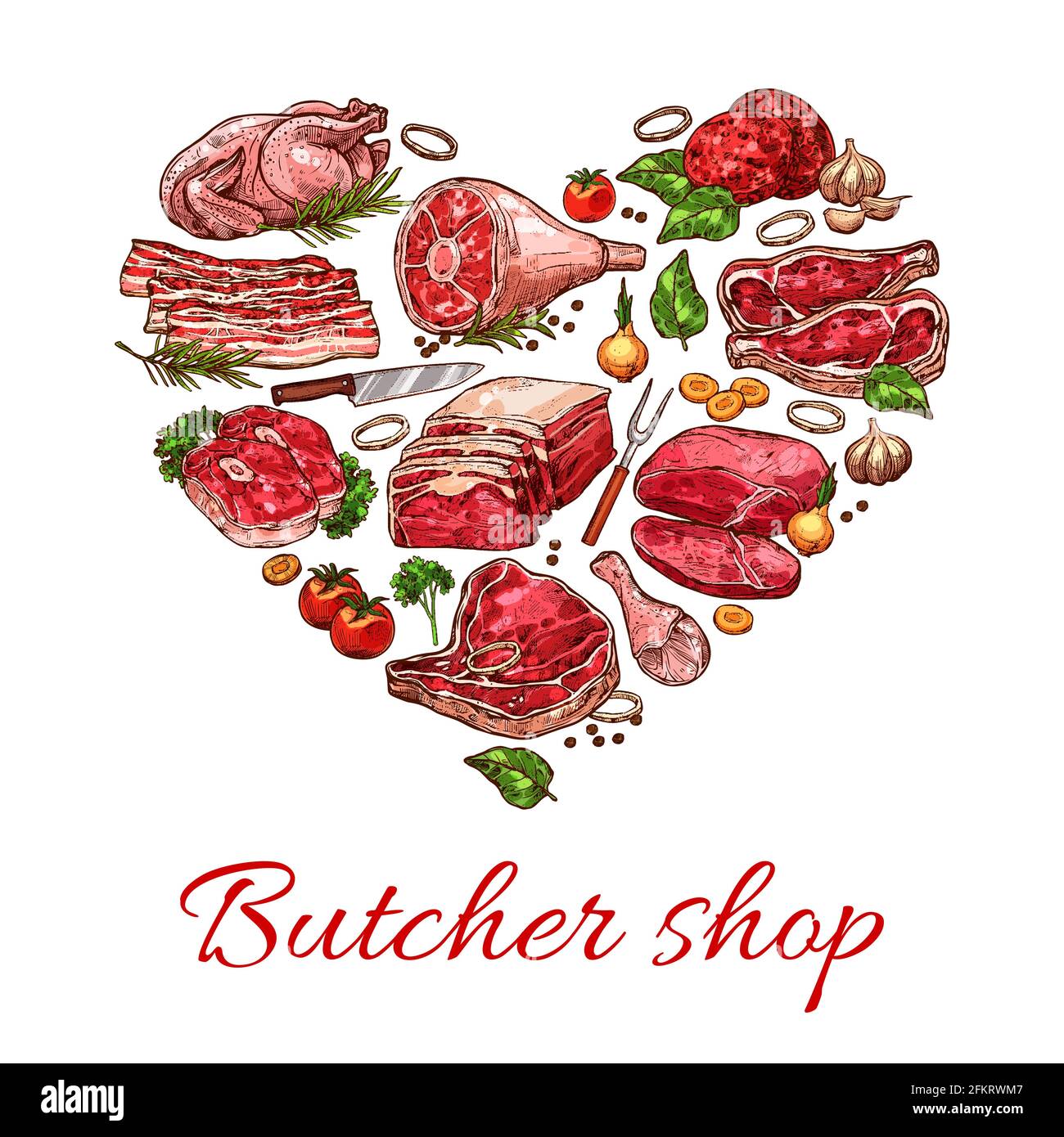 Meat, butcher shop heart banner with beef, pork and lamb food, vector