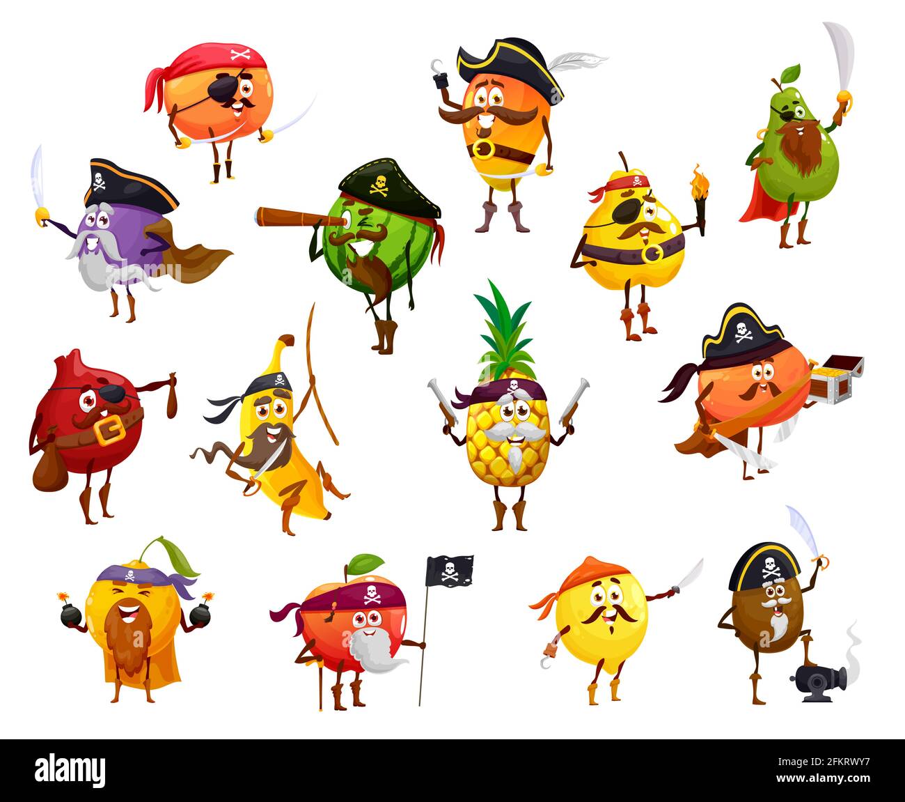 Fruit pirate, corsair and buccaneer cartoon characters. Vector orange, apple, mango and pineapple, watermelon, banana, grapefruit and kiwi, pear, lemo Stock Vector