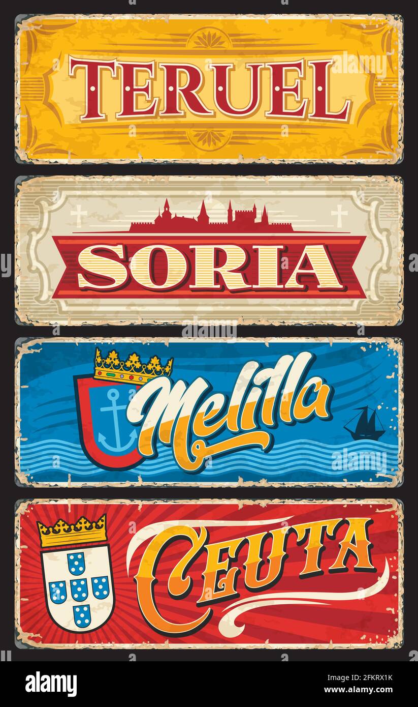 Teruel, Soria, Melilla and Ceuta Spanish province vector plates. Autonomous city of Spain vintage banners and tin signs with coat of arms, crowns and Stock Vector