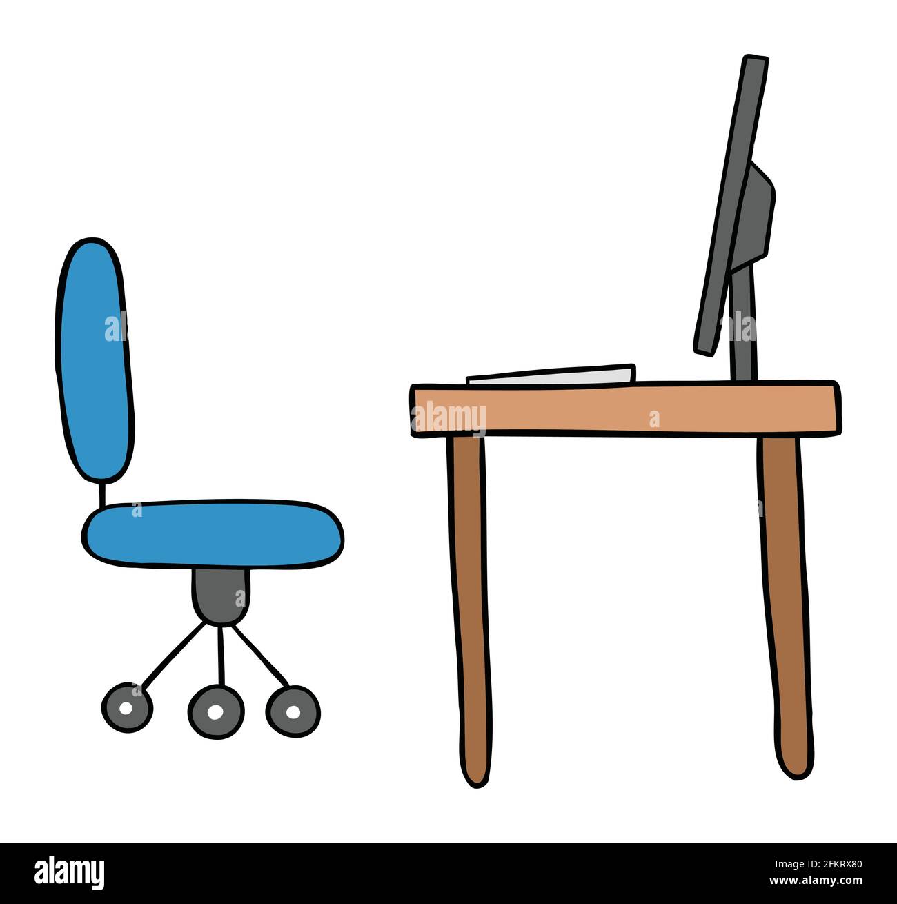 Cartoon vector illustration of desk with chair, monitor and computer