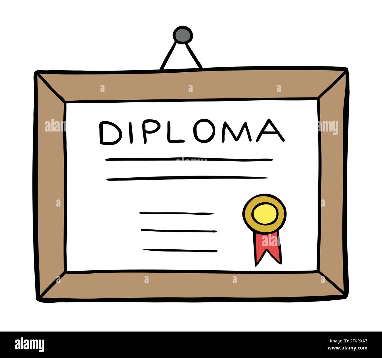Cartoon vector illustration of framed diploma hanging on the wall. Colored and black outlines. Stock Vector