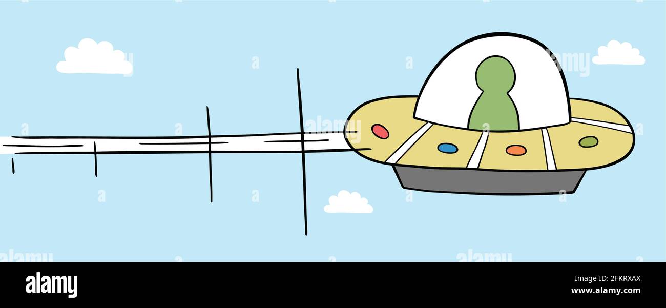 Cartoon vector illustration of UFO flying in the sky. Colored and black ...