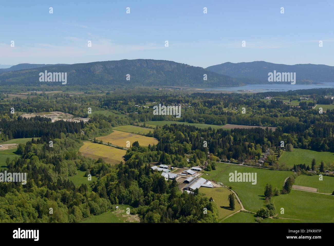 Aerial photo of farms in the Koksilah Rd area, Vancouver Island, British Columbia Stock Photo