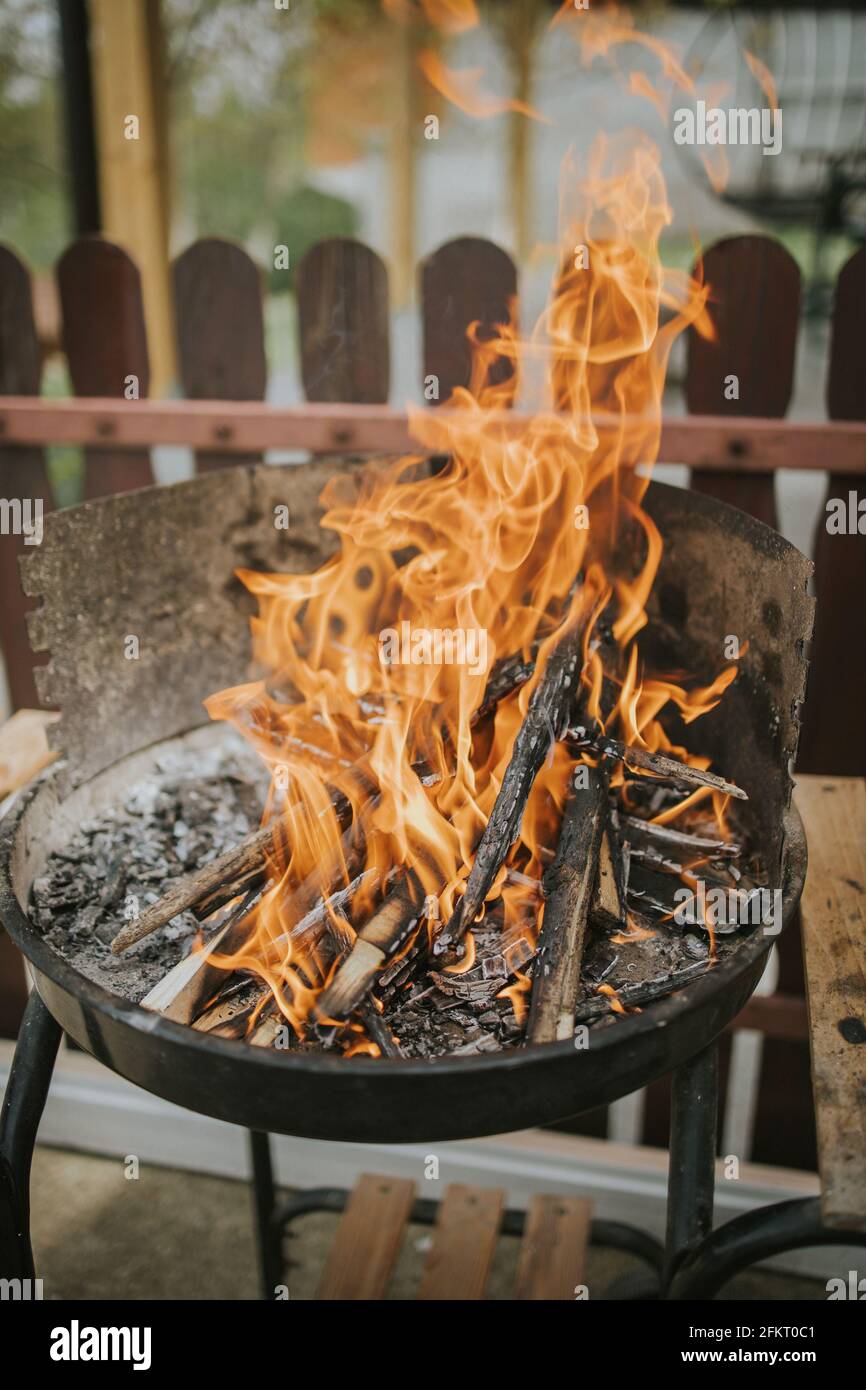 Vertical shot of branches and sticks on fire in a fire pit in a