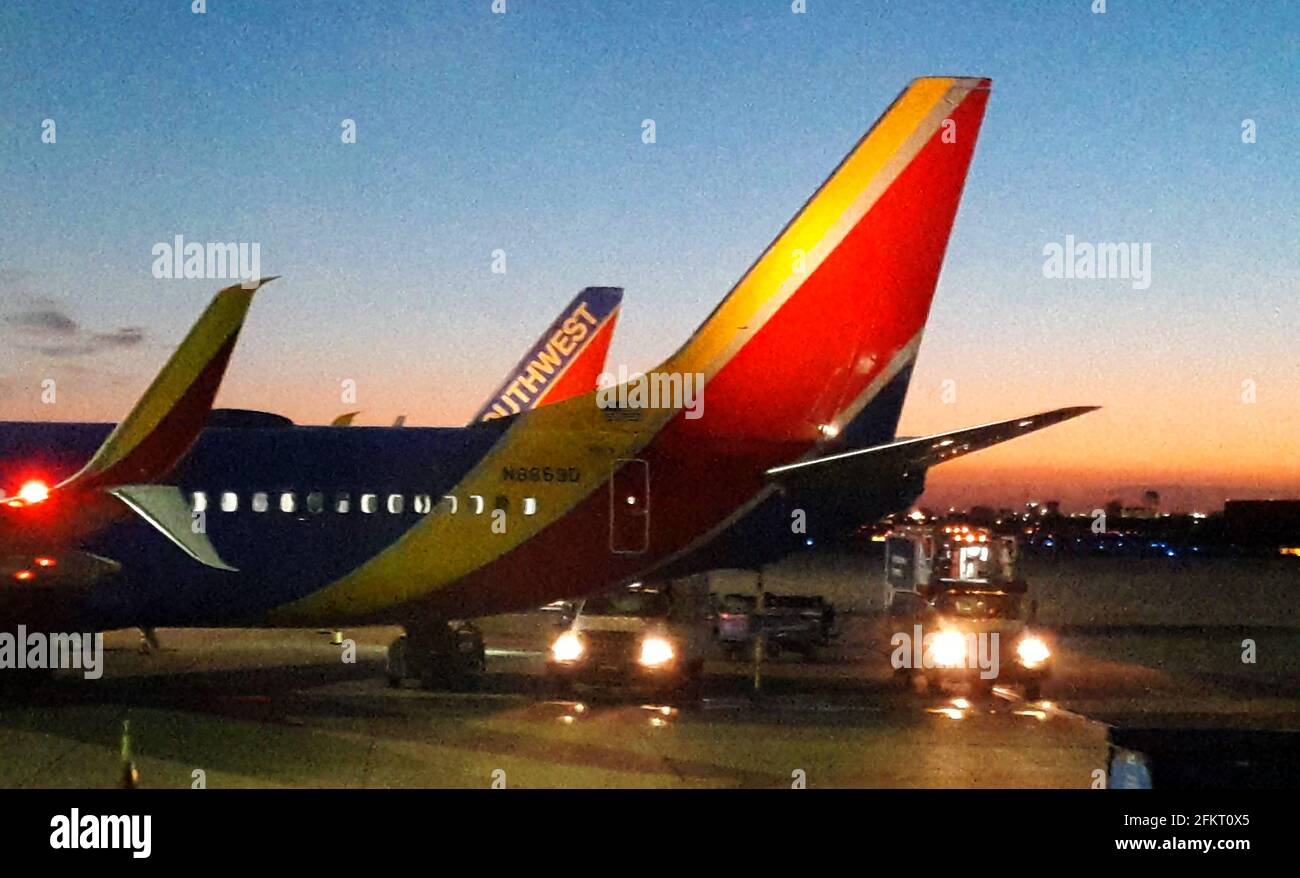 Dallas, Texas, USA. 2nd May, 2021. Saturday, May 2, 2021 - Dallas, Texas U.S. - Southwest Airlines 737 jets at Love Field, the site of the company's Dallas headquarters. Credit: H. Rick Bamman/ZUMA Wire/Alamy Live News Stock Photo