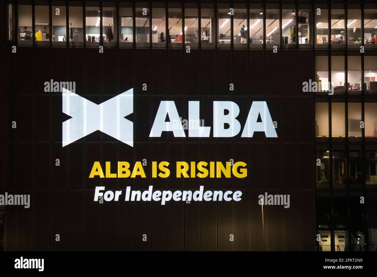 Glasgow, Scotland, UK. 3rd May, 2021. PICTURED: A massive Alba Party logo  being projected onto the side of the BBC Scotland Studios in Glasgow on the  day before the last Live TV