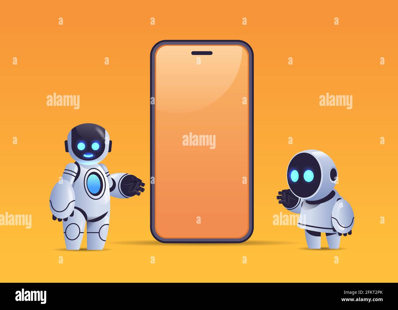 two robots standing near smartphone with blank screen robotic character artificial intelligence technology concept Stock Vector