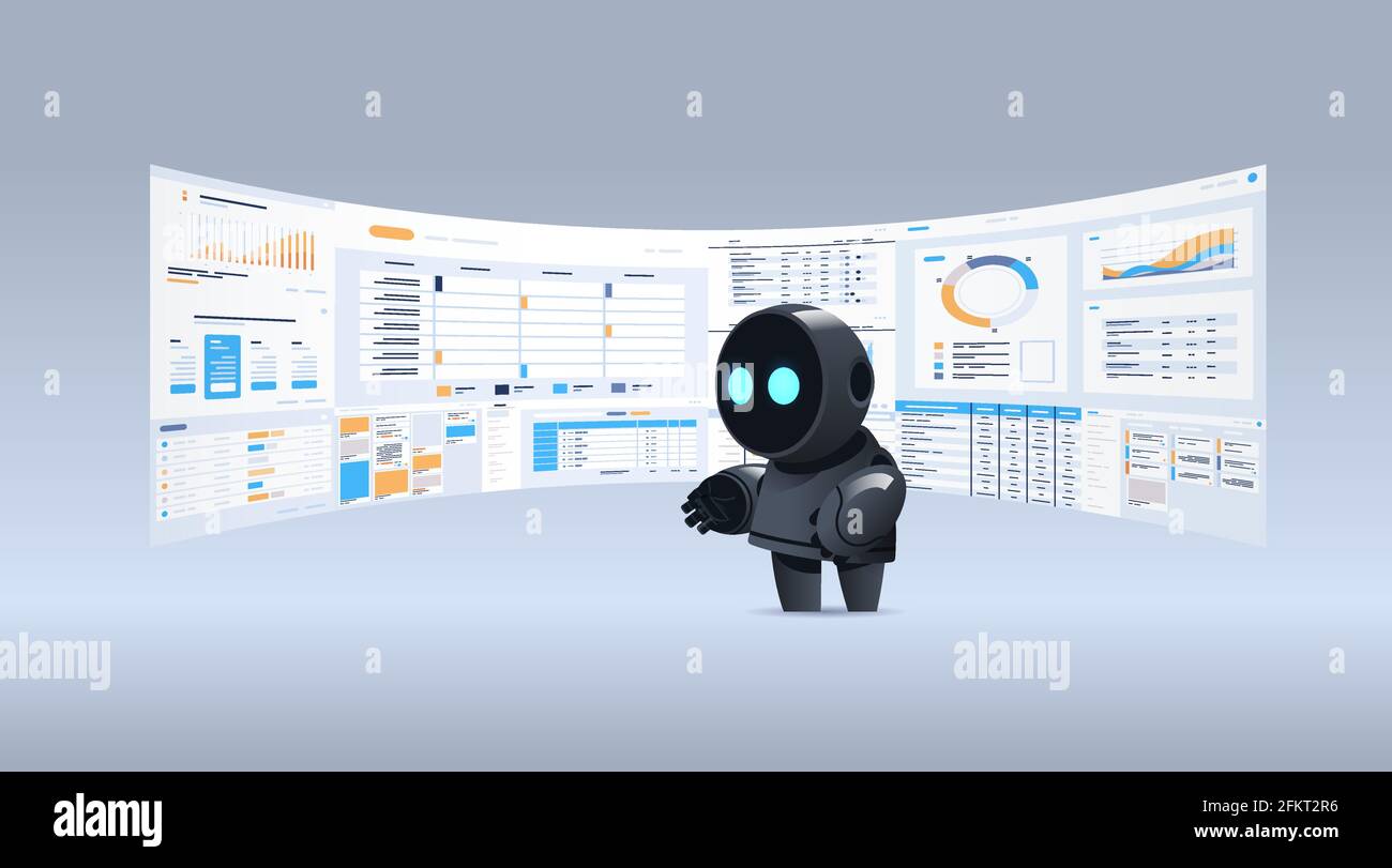 black robot analyzing statistics financial data on virtual boards artificial intelligence technology concept Stock Vector