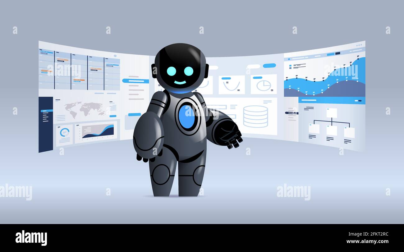 black robot analyzing statistics financial data on virtual boards artificial intelligence technology concept Stock Vector