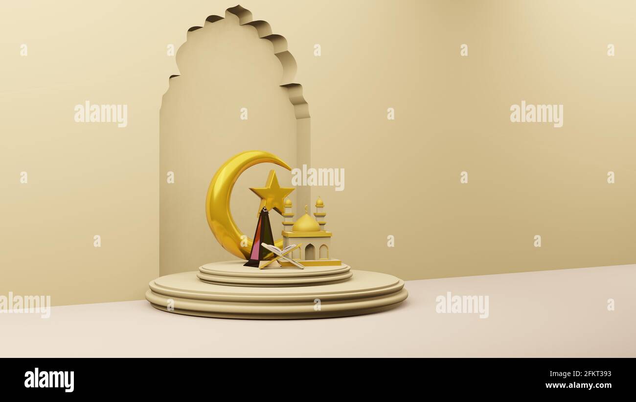 Crescent moon and stars golden with Mosque Islamic symbol 3D rendering ...