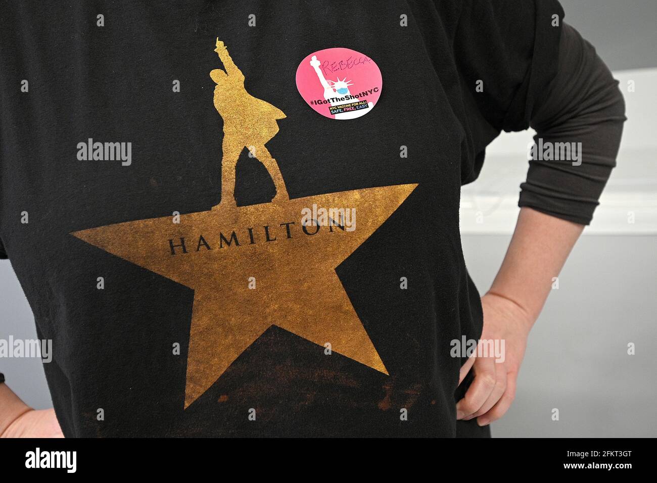 New York USA. 03rd May 2021. A volunteer wears a Hamilton