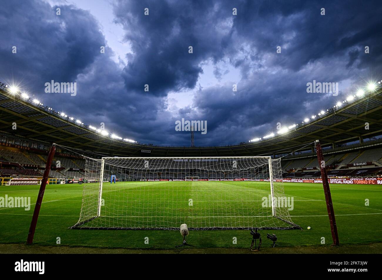 Turin, Italy. 03 May 2021. General view shows a goal and the pitch of  stadio Olimpico Grande Torino prior to the Serie A football match between Torino  FC and Parma Calcio. Torino