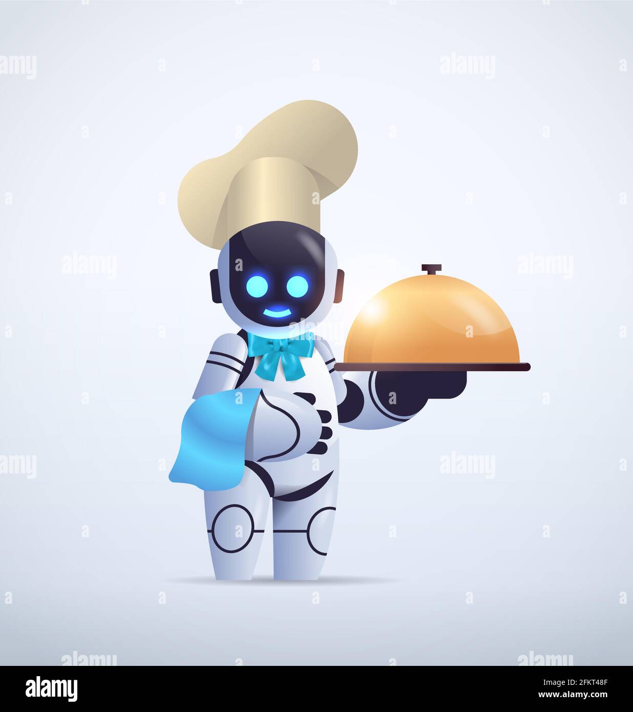 cute robot chef in hat holding serving cloche modern robotic character cooking in kitchen artificial intelligence Stock Vector