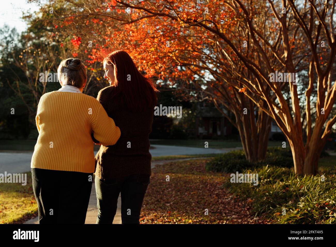 Rear view of senior woman and adult daughter strolling in suburban park Stock Photo