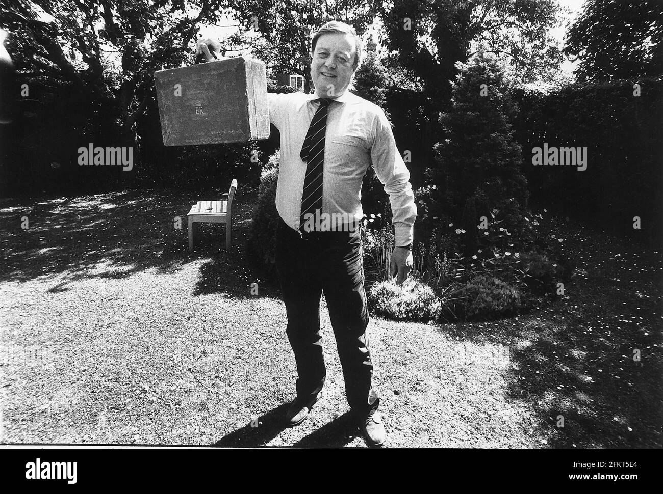Kenneth Clarke holds Budget box in Nottingham Stock Photo