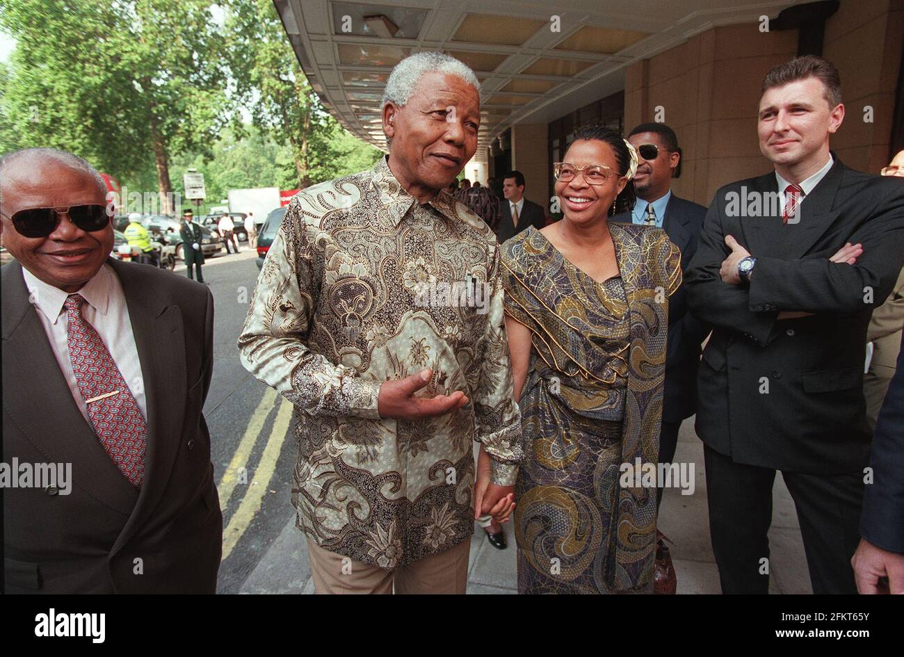 Nelson Mandela President of South Africa  on a trip to Britain with his companion Graca Machel widow of the Samora Machel former Mozambican president Stock Photo