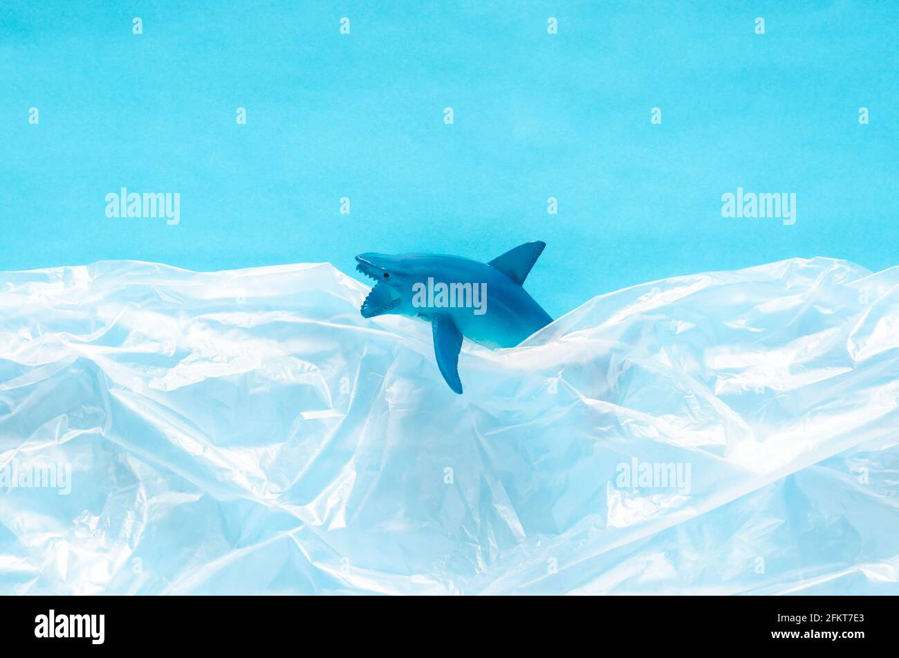 A shark toy model trapped in white plastic bag on blue background. Minimal ocean world concept. Stock Photo