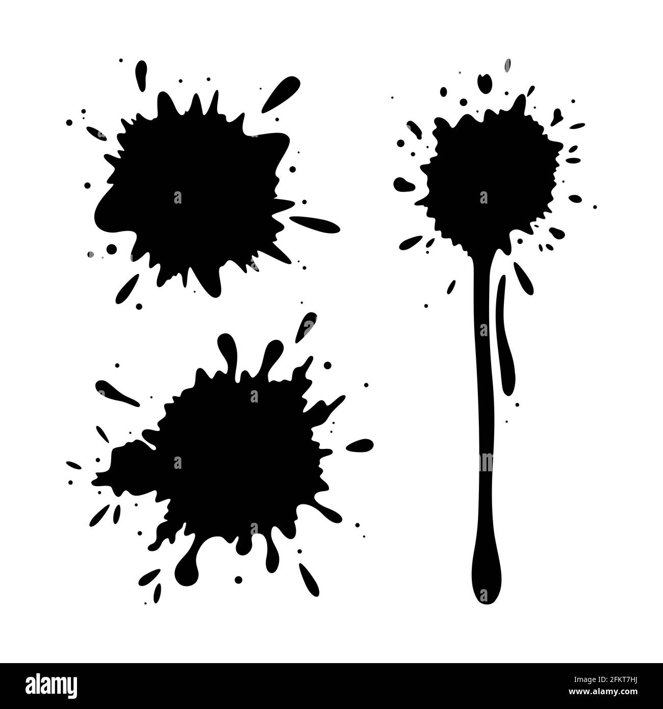 Ink drop splashing stains. Grungy liquid stains isolated in white background. Vector