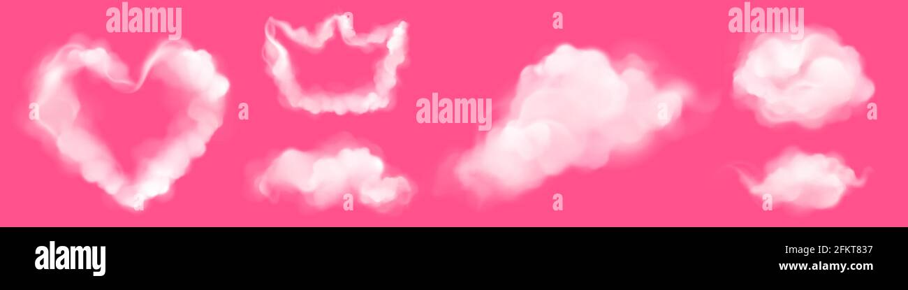 Realistic clouds in shape of heart and crown. Fluffy spindrift or cumulus eddies flying isolated on pink background, weather and nature, meteorology and climate design elements, 3d vector icons set Stock Vector