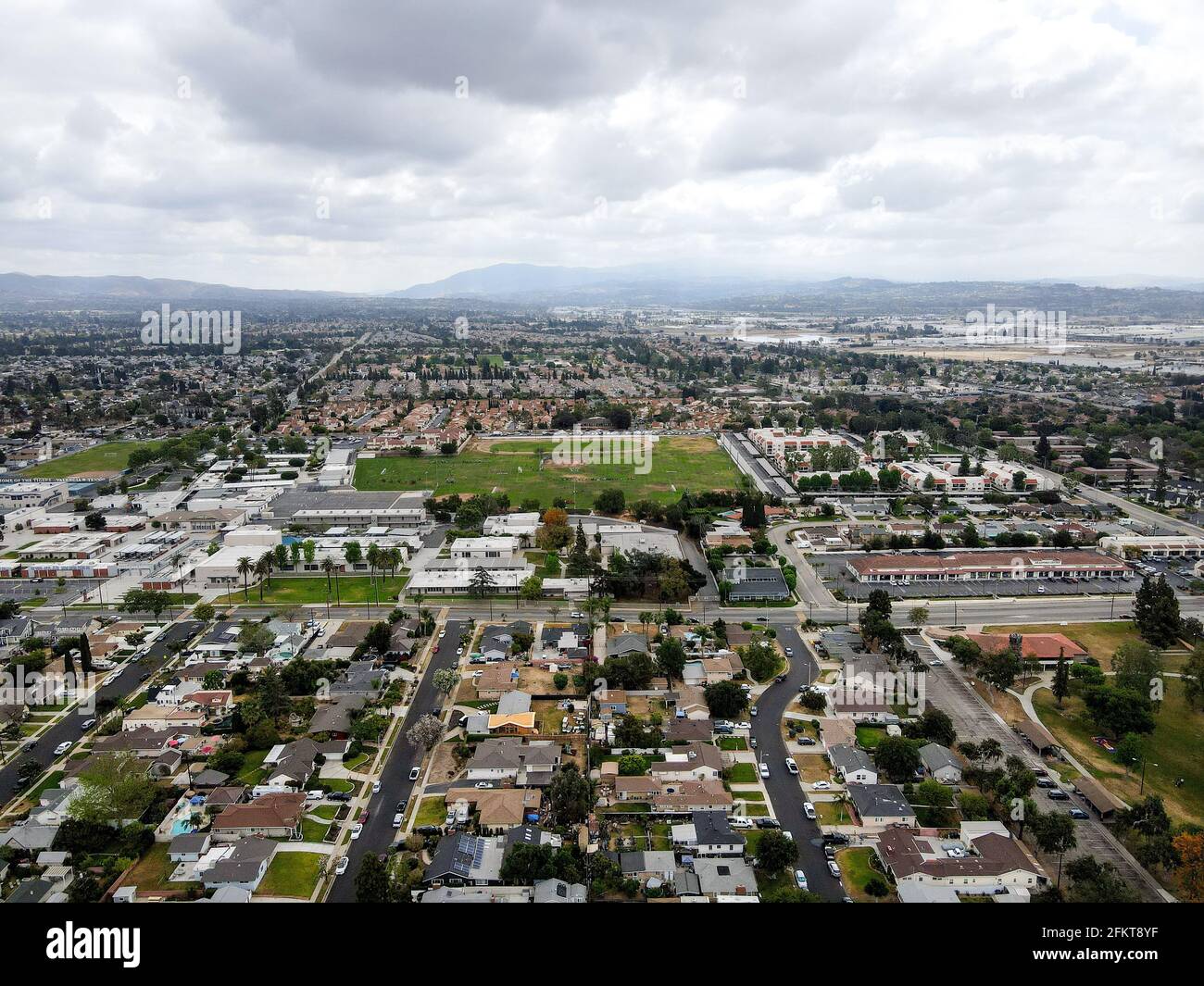 Aerial view of Placentia during gray clouded day, city in northern