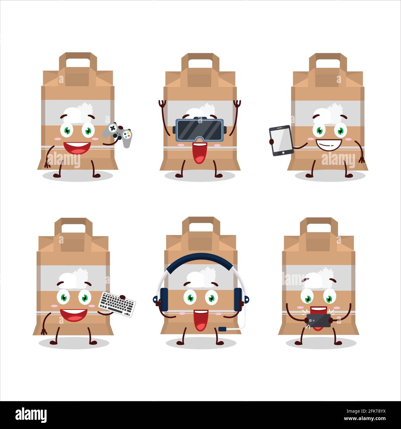 Fast food bag cartoon character are playing games with various cute emoticons. Vector illustration Stock Vector
