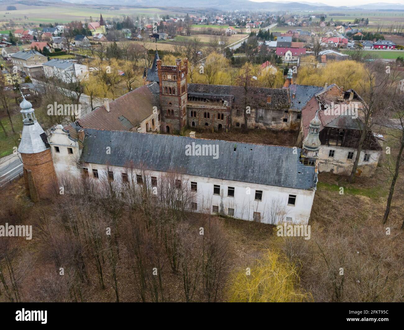 Aerial view of ruins of the castle of Laka Prudnicka, Poland Stock Photo