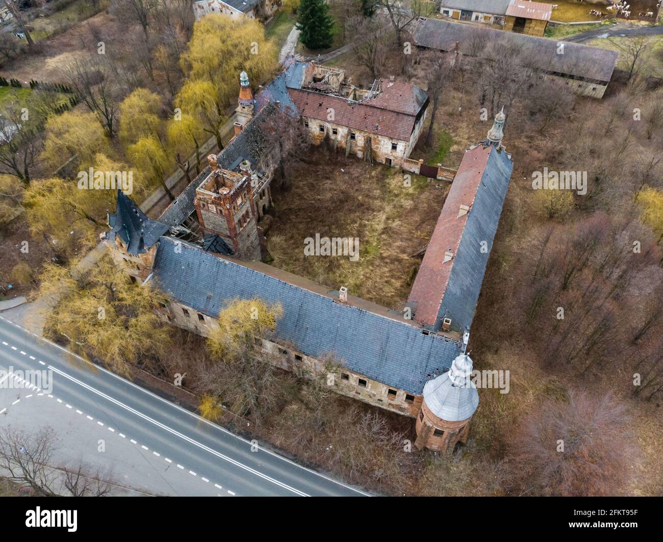 Aerial view of ruins of the castle of Laka Prudnicka, Poland Stock Photo
