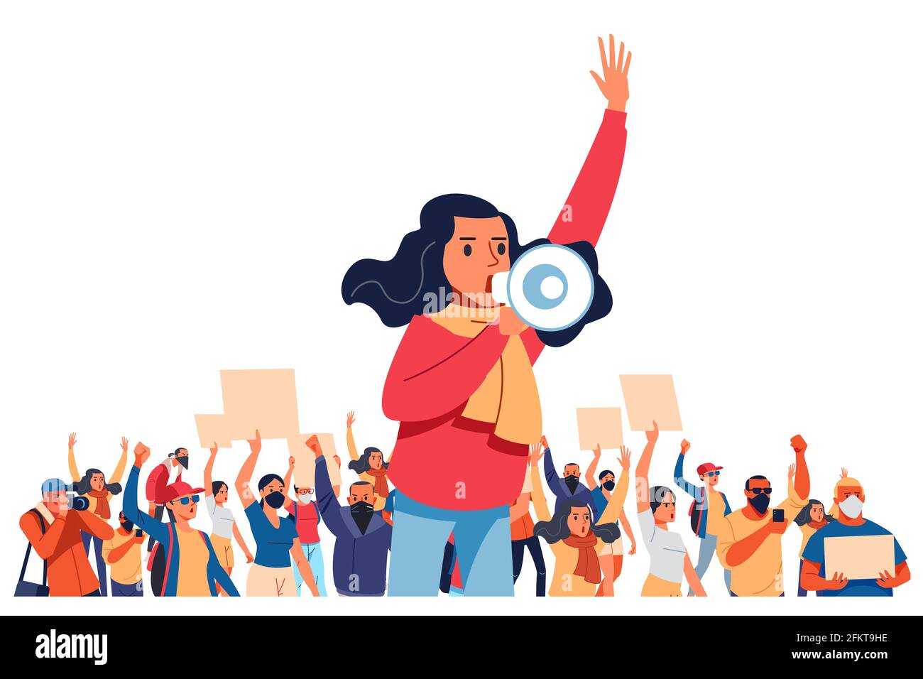 A young woman shouts through megaphones, supporting the protests against the background of discontented people protesting. Flat design colorful Stock Vector