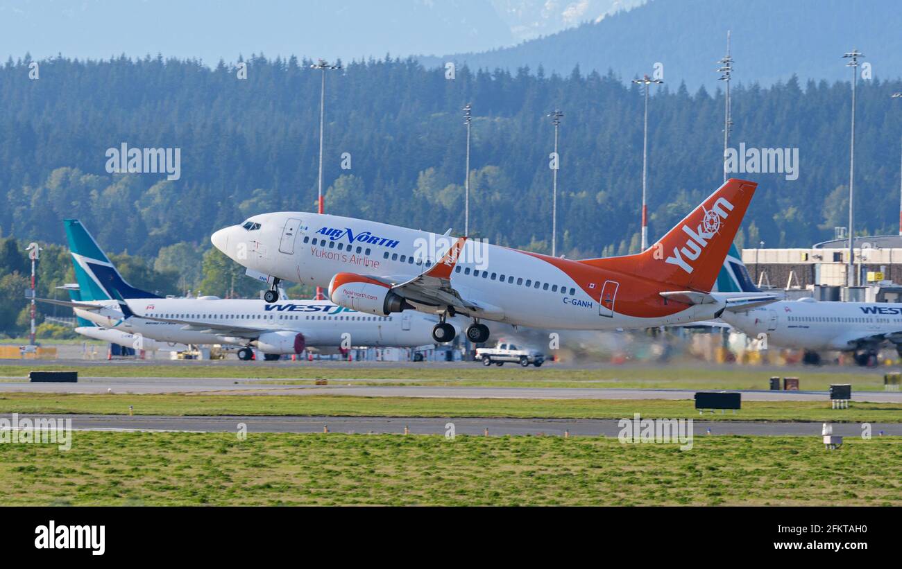 Richmond, British Columbia, Canada. 2nd May, 2021. An Air North Boeing 737-500 jet (C-GANH) takes off from Vancouver International Airport. Credit: Bayne Stanley/ZUMA Wire/Alamy Live News Stock Photo