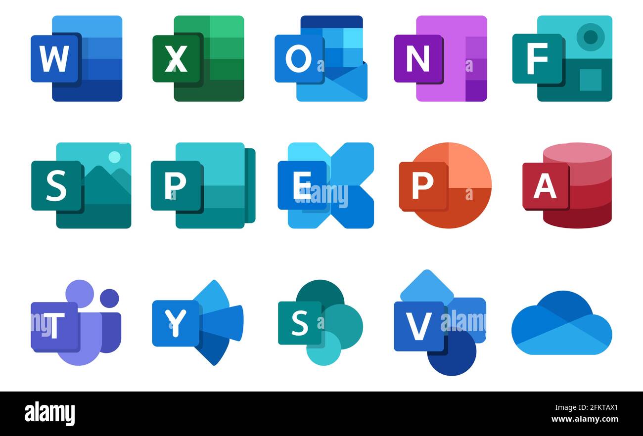 Vinnytsia, Ukraine - May 3, 2021: Set of Microsoft Office icons 2021. Word, Excel, Outlook, OneNote, Forms, Sway, Publisher, Exchange, PowerPoint, Acc Stock Vector