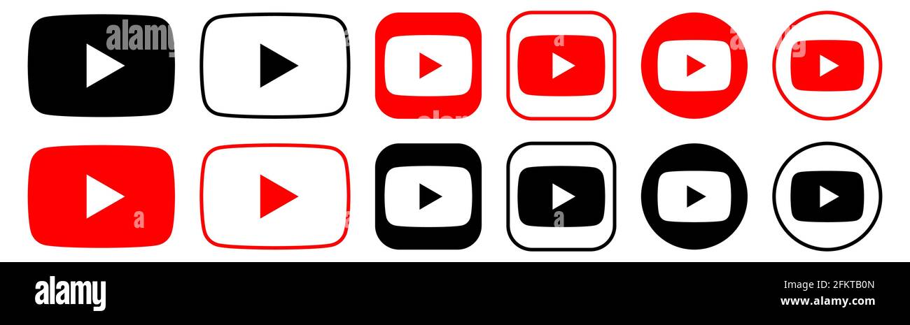 VINNYTSIA, UKRAINE - May 3, 2021: Set of youtube buttons in different shape on white background Stock Vector