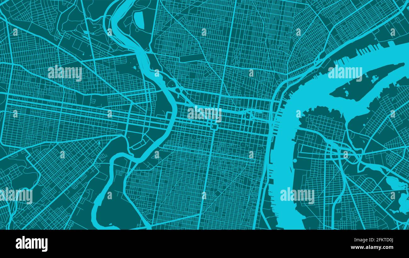 Cyan Philadelphia city area vector background map, streets and water cartography illustration. Widescreen proportion, digital flat design streetmap. Stock Vector