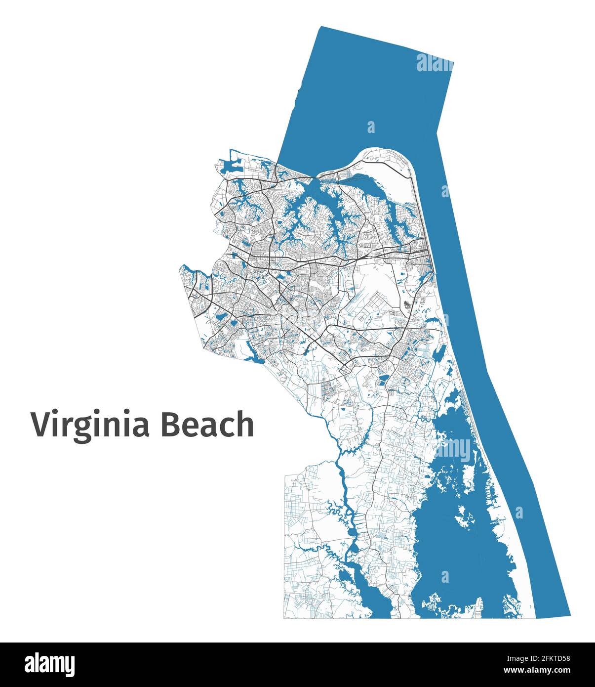 Virginia Beach map. Detailed map of Virginia Beach city administrative area. Cityscape panorama