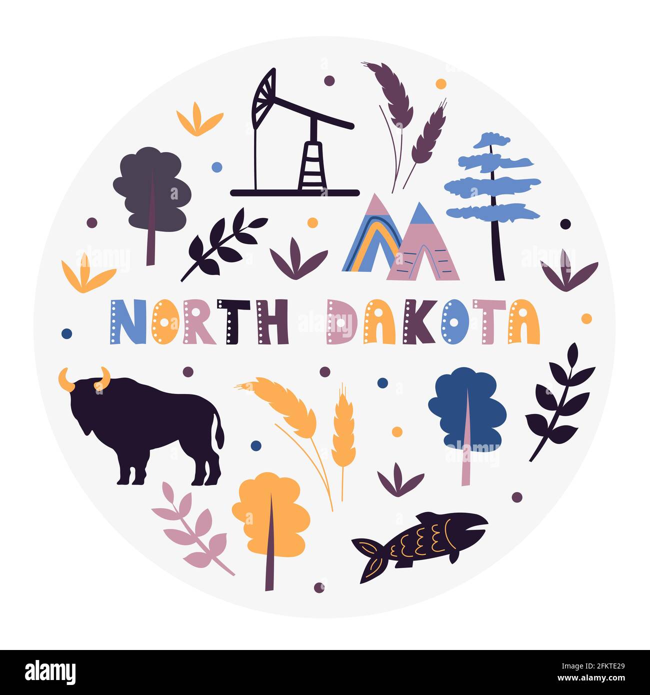 USA collection. Vector illustration of North Dakota. State Symbols - round shape Stock Vector