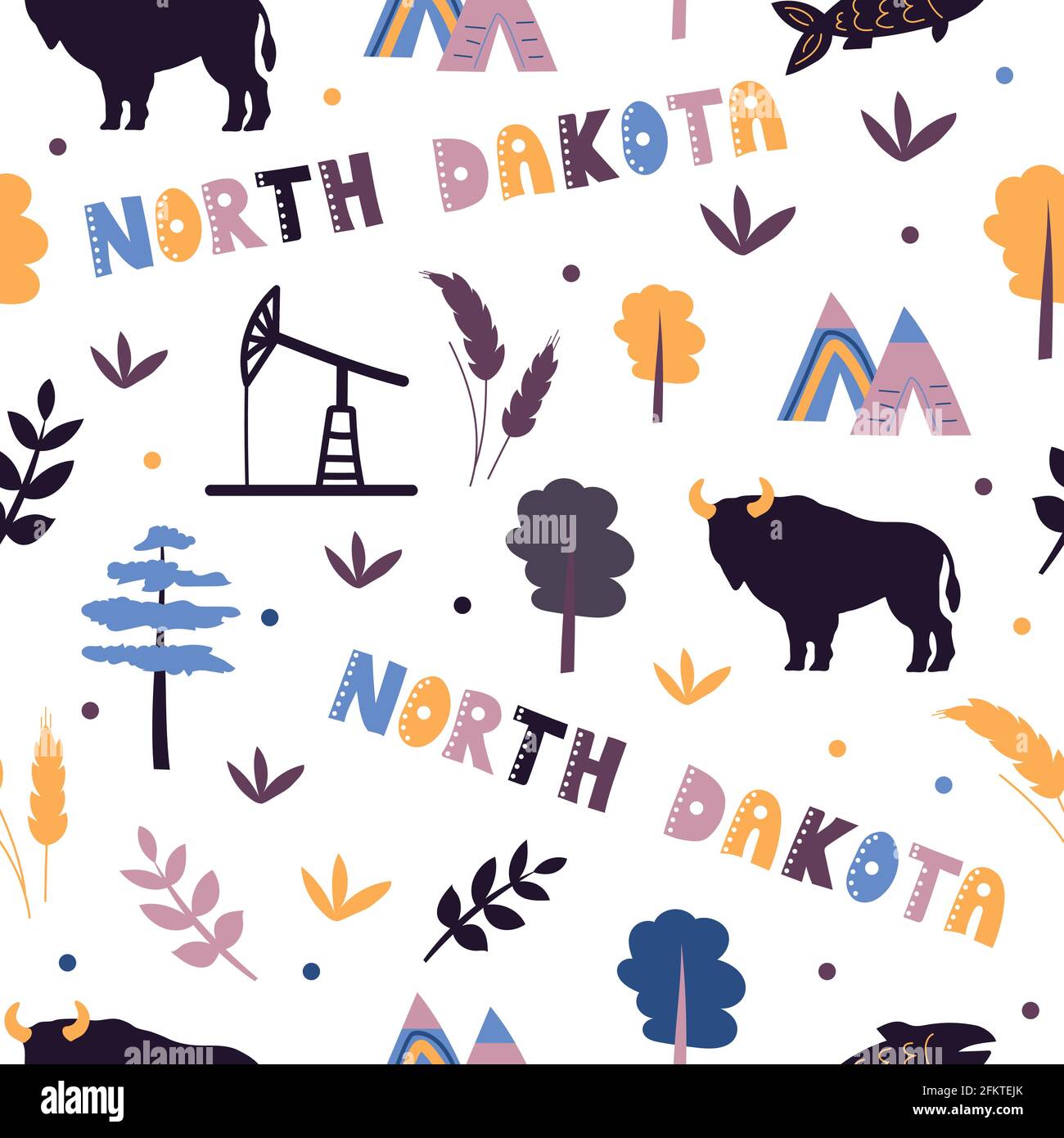 USA collection. Vector illustration of North Dakota theme. State Symbols - seamless pattern Stock Vector