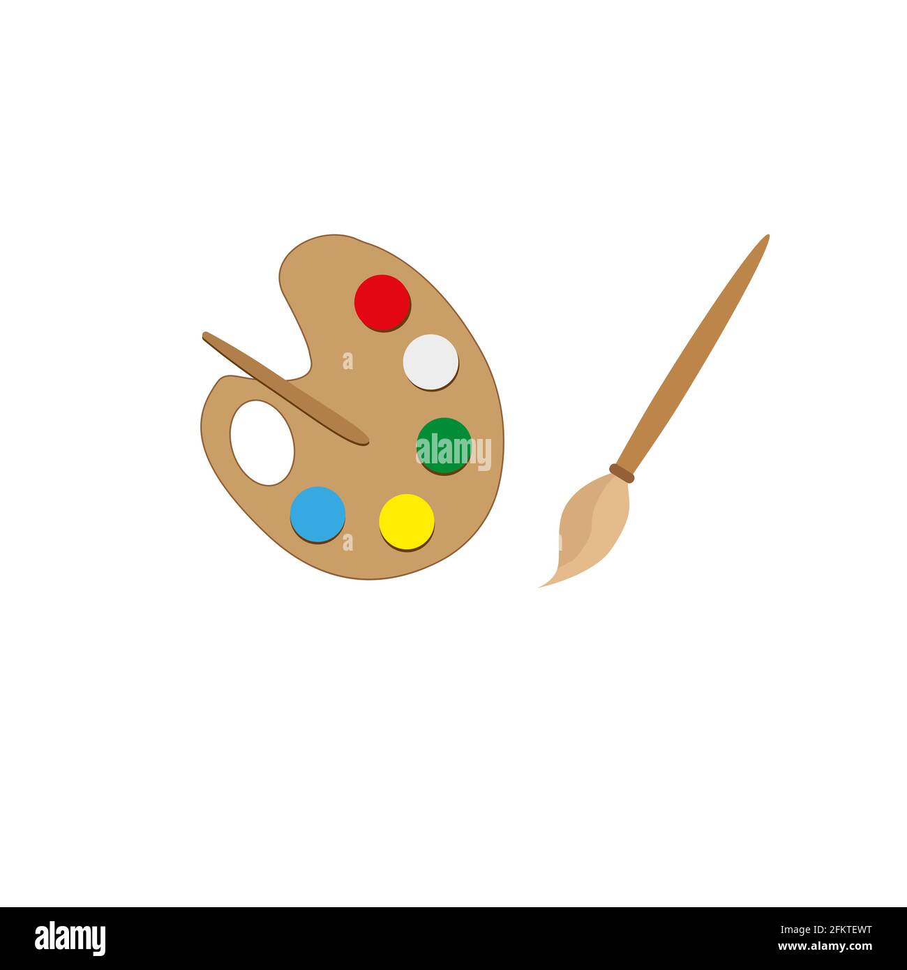 Vector illustrations of cartoon paintbrush and palette of paints seven colors of rainbow Stock