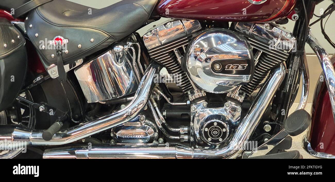 Harley-Davidson Touring Road King Classic. A stripped-down highway legend with classic chrome styling and modern touring performance. A powerful, Stock Photo