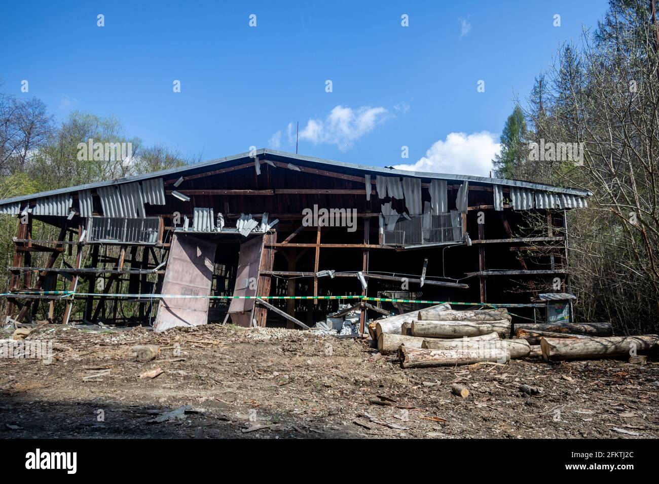 Debris in ammunition store in Vrbetice, Czech Republic, May 3, 2021. Russian secret service officers had been involved in the devastating explosion of Stock Photo