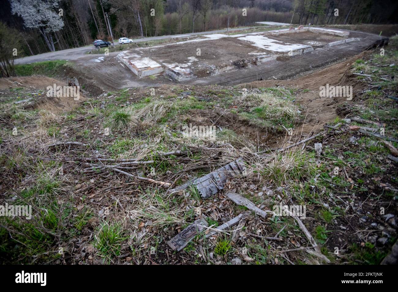 Debris in ammunition store in Vrbetice, Czech Republic, May 3, 2021. Russian secret service officers had been involved in the devastating explosion of Stock Photo