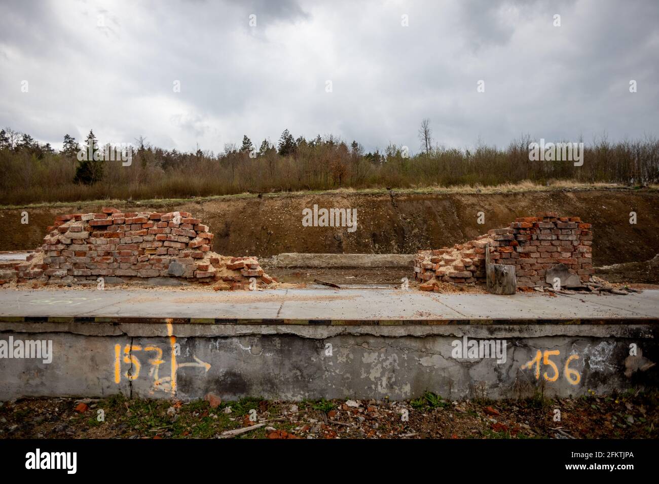 Debris in ammunition store in Vrbetice, Czech Republic, May 3, 2021. Russian secret service officers had been involved in the devastating explosion of Stock Photo