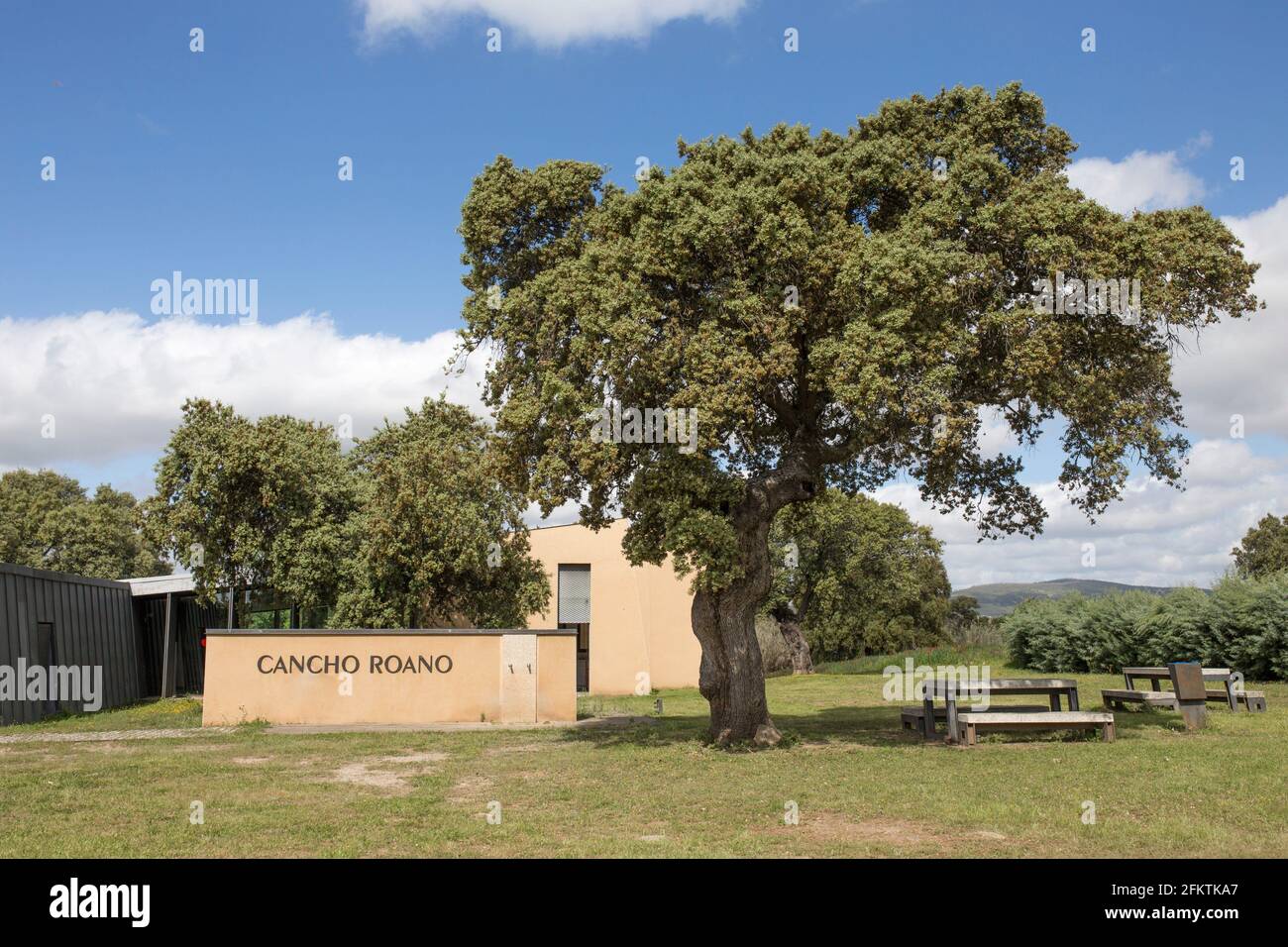 Cancho Roano interpretation center outdoor. best preserved Tartessian site. Zalamea de la Serena, Extremadura, Spain. Stock Photo