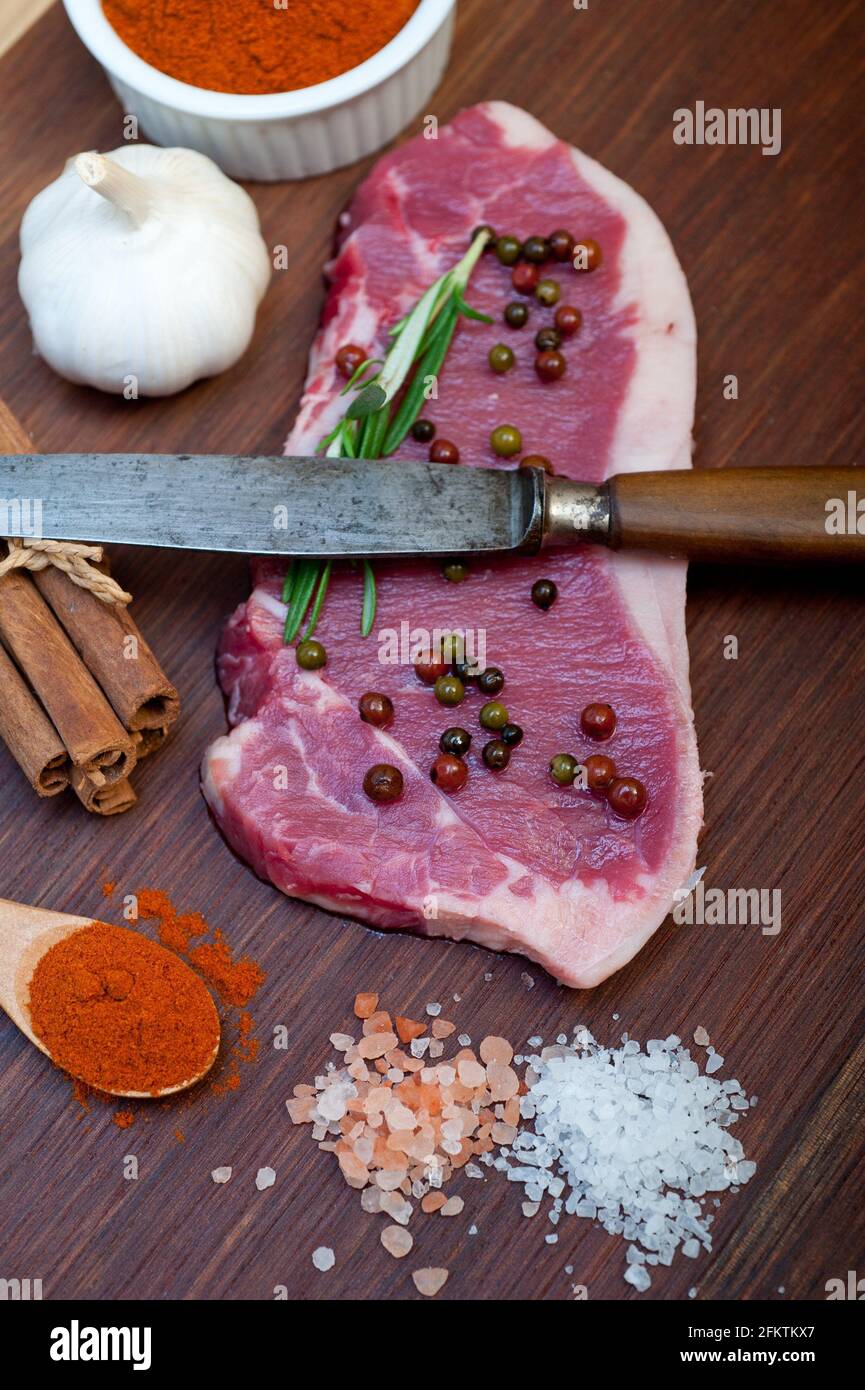 raw uncooked ribeye beef steak butcher selection Stock Photo Alamy