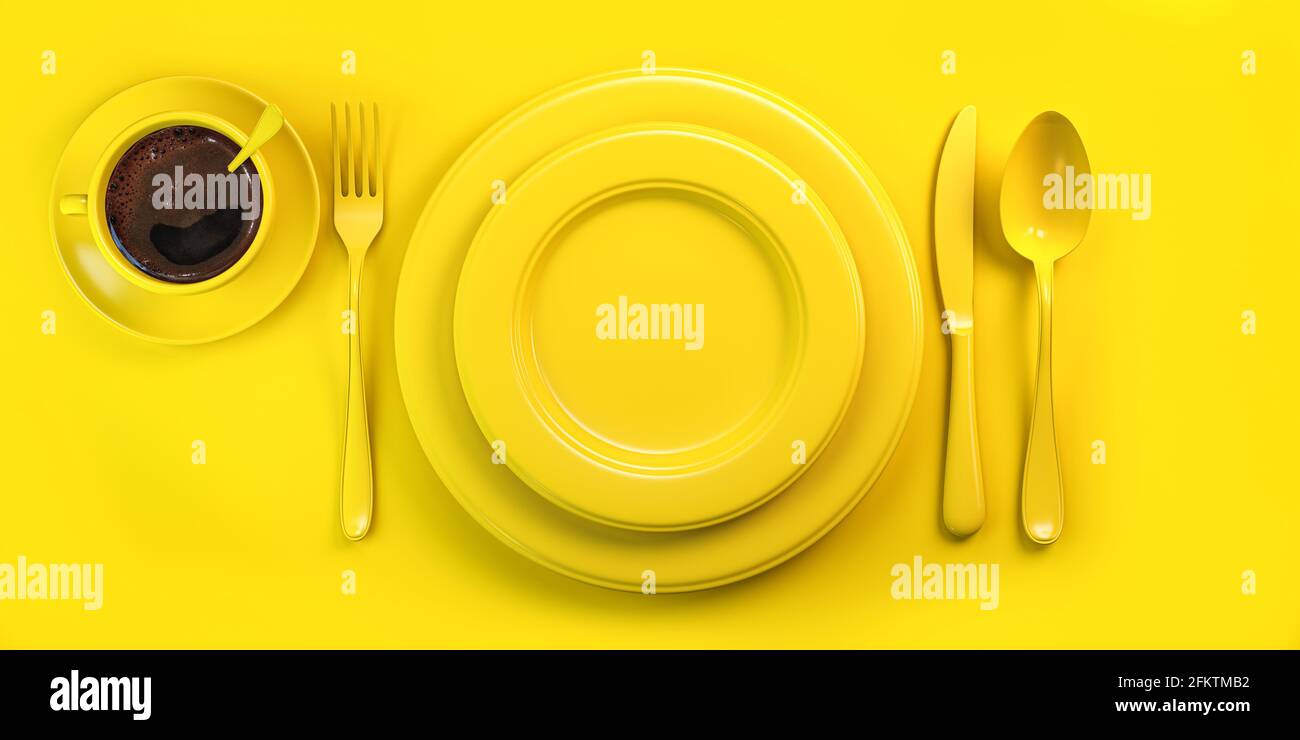 Top view of yellow plate, fork, knife, spoon and cup of coffee on yellow grunge table. 3d illustration. Stock Photo