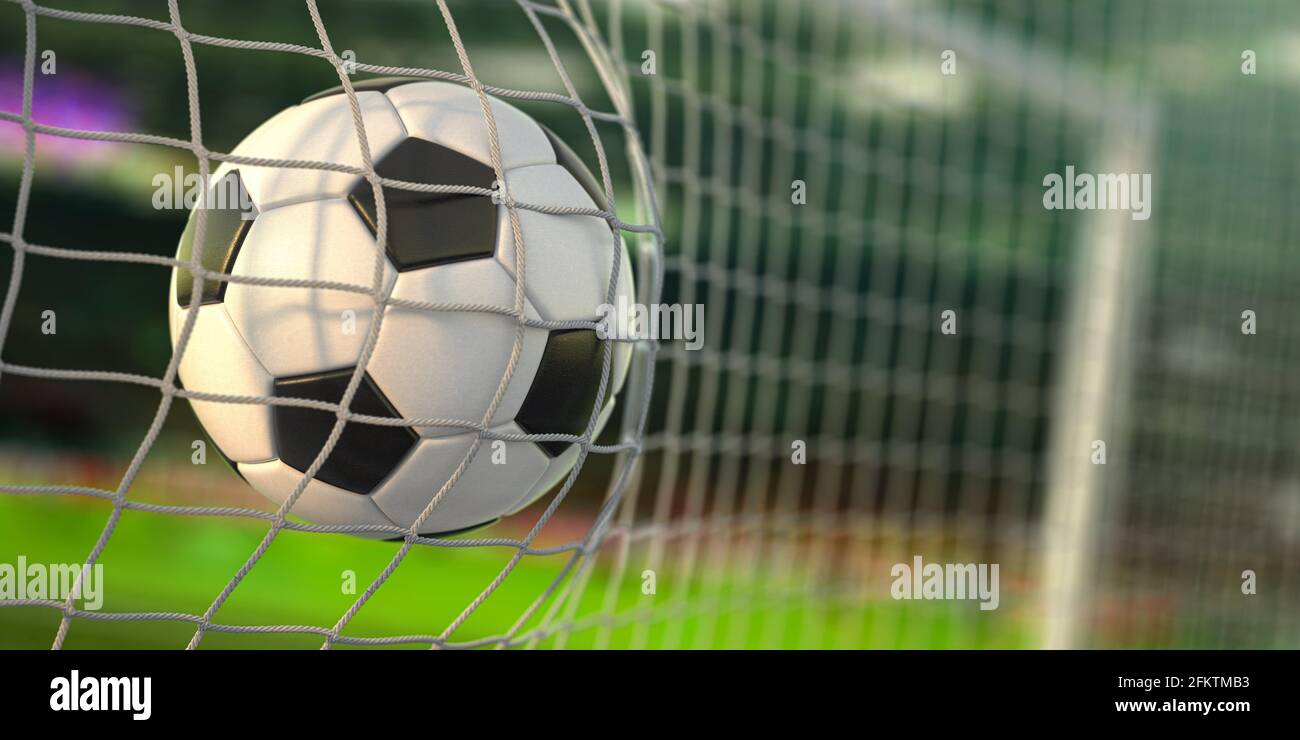 Goal. Soccer football ball scores a goal on the net. 3d illustration. Stock Photo
