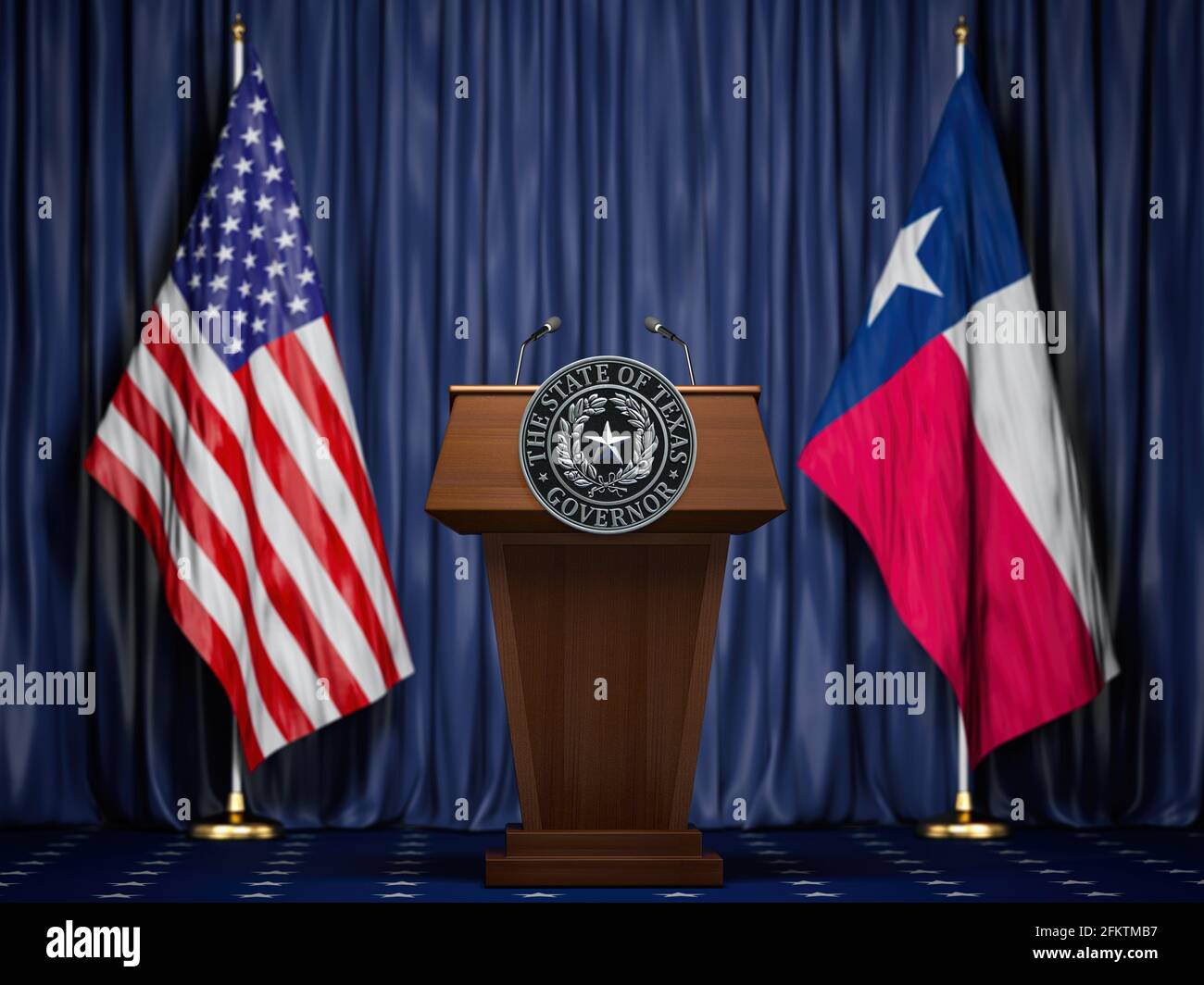 Press conference of governor of the state of Texas concept. Big Seal of the State of Texas on the tribune with flag of USA and Texas state. 3d Stock Photo