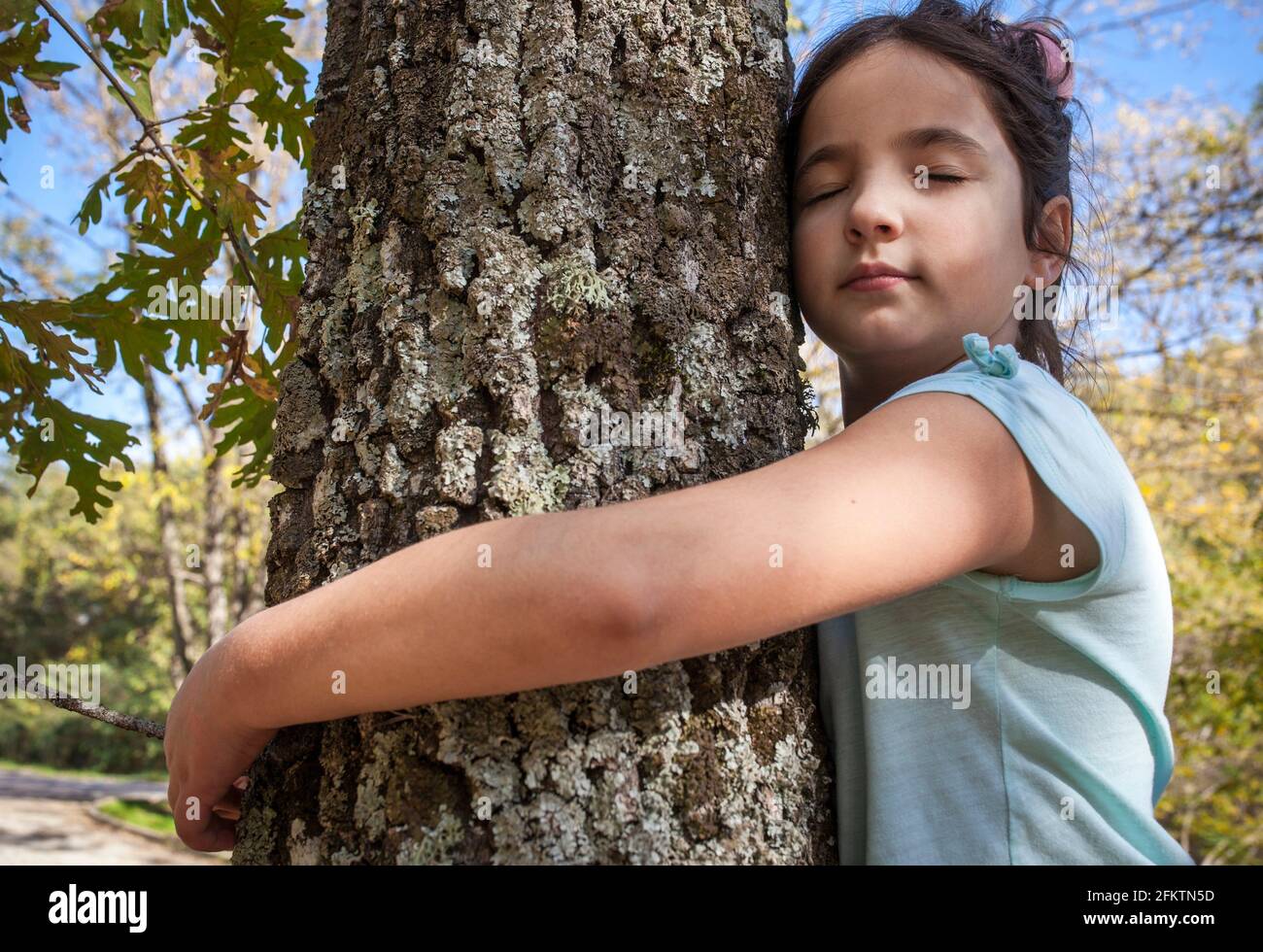 Little girl hugs tree trunk. Children love nature concept. Stock Photo