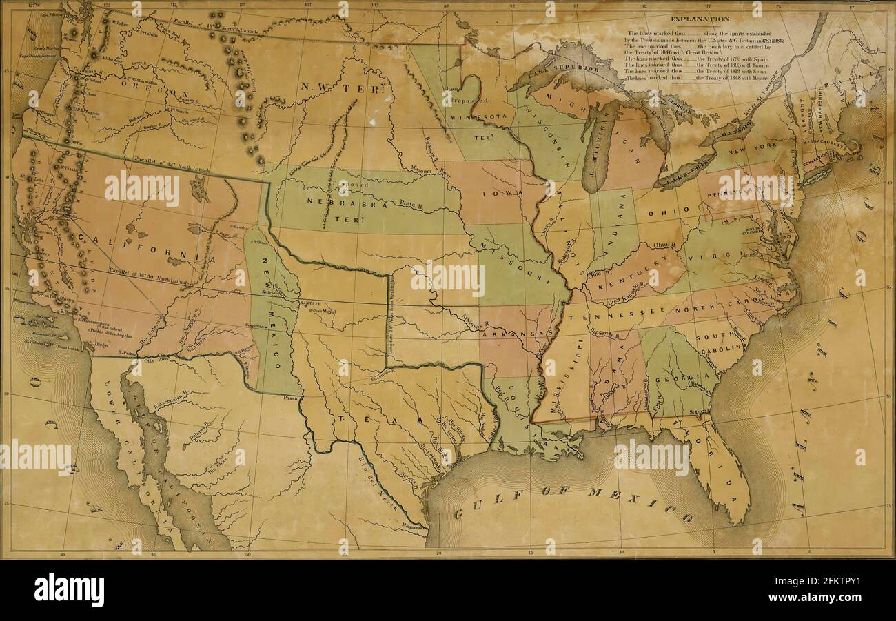 Ephraim Gilman's 1848 map of the United States. The Gilman map was specifically ordered by President James K. Polk to accompany his last annual Stock Photo