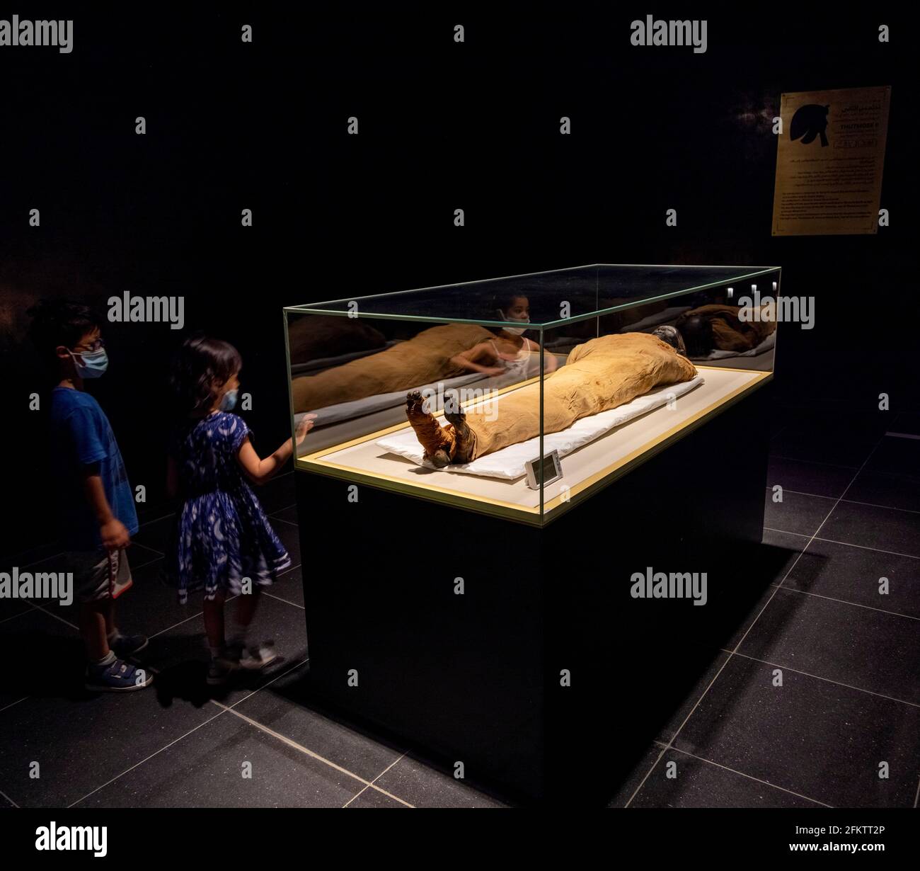 children looking at mummy of King Thutmose II (died 1479 BCE), National Museum of Egyptian Civilization Stock Photo