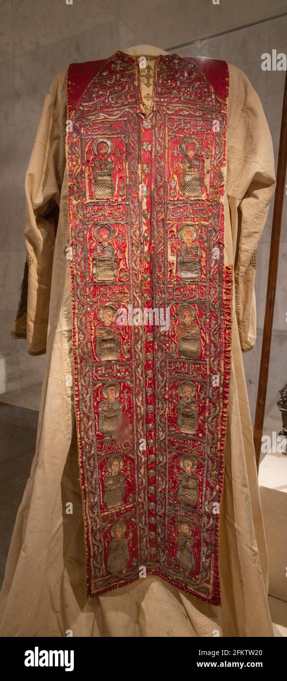 Coptic embroidered stole with figures of saints and Arabic writing